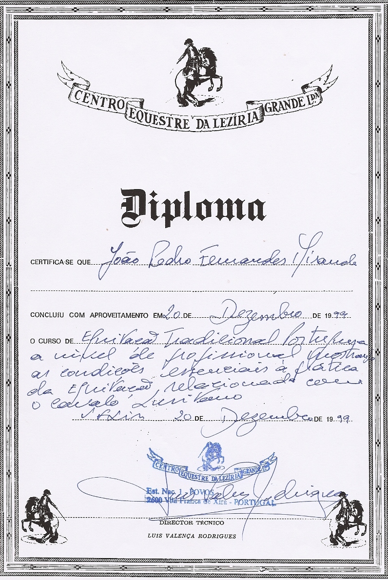 Diploma Equitação Tradicional Portuguesa pelo Centro Equestre da Leziria Grande